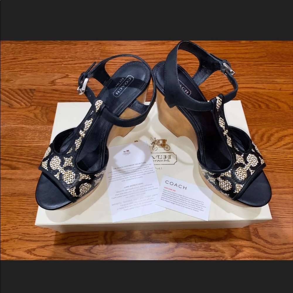 COACH NELLY OP ART BLACK WOVEN HEELS SANDALS SZ 9
